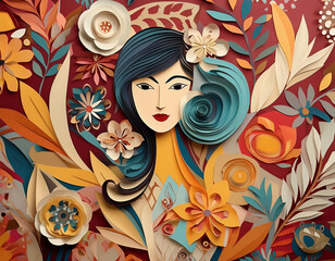 paper collage of a woman with floral designs and abstract elements
