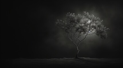 A solitary, delicate tree illuminated against a dark, moody background, emphasizing its intricate branches and ethereal presence.