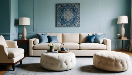 Living room with blue wall, beige sofa, pattern rug, pouf