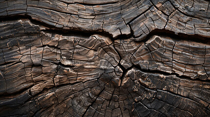 Fototapeta premium A close-up view of the weathered, brown wood texture with visible cracks and grain patterns, capturing the rustic charm of aged timber