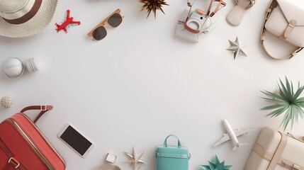 Travel - A flat lay of travel items including a hat, sunglasses, a camera, bags, a smartphone, and mini airplane models on a white background