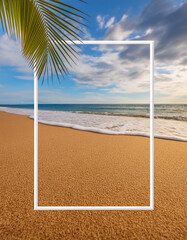 empty  white frame for your text or picture on the sandy beach with palm tree and empty white sand in the sea.