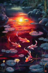 Digital illustration of  koi pond at dusk, where the water's surface shimmers with the reflections of the setting sun, painted in vibrant hues of orange, red, and gold. 