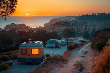 Camper Vans Overlooking Scenic Coastal Cliffs at Sunset, Serene Camping Spot