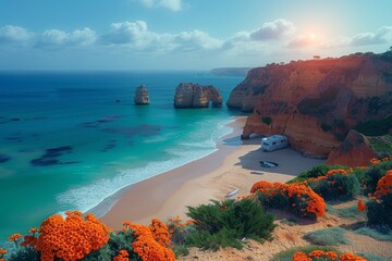 Campervan on Secluded Algarve Beach with Rocky Cliffs and Turquoise Waters