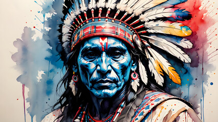 Obraz premium This watercolor painting portrays a native chief, showcasing his face with reverence for tribal tradition. The art highlights the sacred and indigenous heritage, celebrating the head of the tribe.