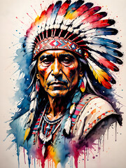 Admire the sacred tradition in this watercolor portrait of a native chief. The detailed depiction of the tribal head emphasizes the beauty and strength of indigenous culture and leadership.