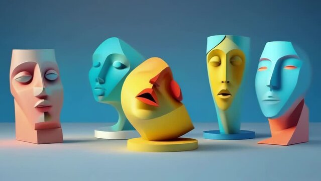 Set of human people emotions ego masks and busts changing expressions made of clay pastel 3d style - 4k new stock video footage animation AI