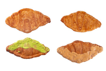 Set of colorful trendy flat croissants with different topping and fillings. Flat vanilla, pistachio, chocolate croissant, modern baked sweet dessert pastry