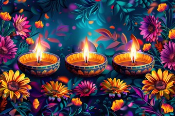 Bright Diwali Oil Lamps with Colorful Floral Surroundings