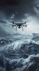 A drone flying over a stormy ocean its sensors searching for enemy naval vessels