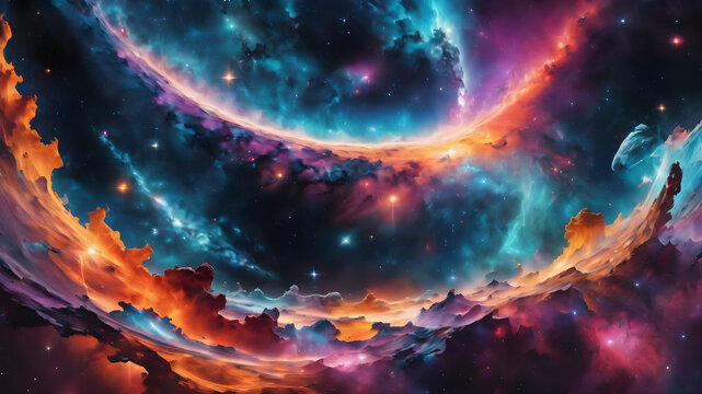 Journey the universe , stunning depiction of space, galaxies, stars, and nebulas illuminate night sky. Astronomy enthusiasts and science fiction fans, the fantasy and science of the cosmos.