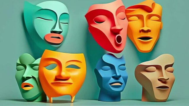 Set of human people emotions ego masks and busts changing expressions made of clay pastel 3d style - 4k new stock video footage animation AI