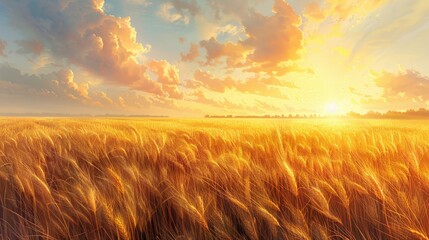 A peaceful wheat field at sunrise, with the golden crops glowing in the early light. The swaying wheat and the soft colors of dawn create a tranquil and minimalist scene that celebrates the start of