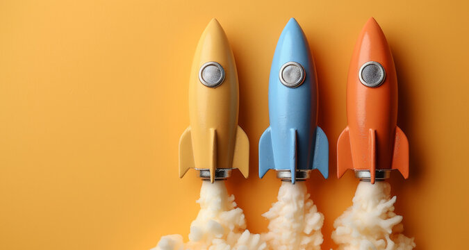 Three colorful toy rockets are launching together, emitting white smoke against a vibrant orange backdrop, representing playful creativity.