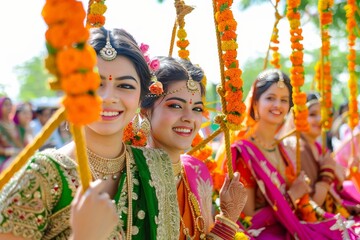 Joyful Indian Women Celebrating Hariyali Teej Festival on Flower-Adorned Swings