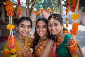 Joyful Indian Women Celebrating Hariyali Teej Festival on Flower-Adorned Swings