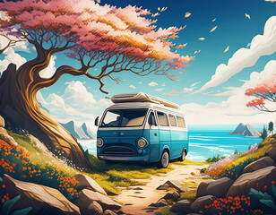 A cute blue hippie style caravan parked under a magical treeson a fairytale seaside