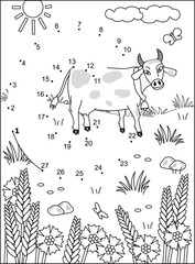 Naklejka premium Letter C dot-to-dot activity sheet and coloring page. C is for cow. C is for cloud. C is for cornflower. 