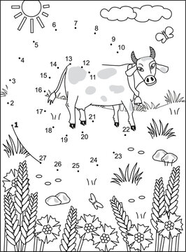 Letter C dot-to-dot activity sheet and coloring page. C is for cow. C is for cloud. C is for cornflower.
