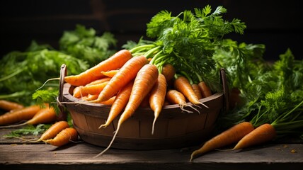 Freshly harvested carrots in a rustic basket, farm setting, vibrant colors, copy space,