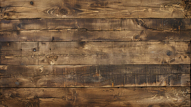 A detailed top view of a rough, brown wooden plank surface with deep grooves and a natural, worn look, ideal for a vintage background