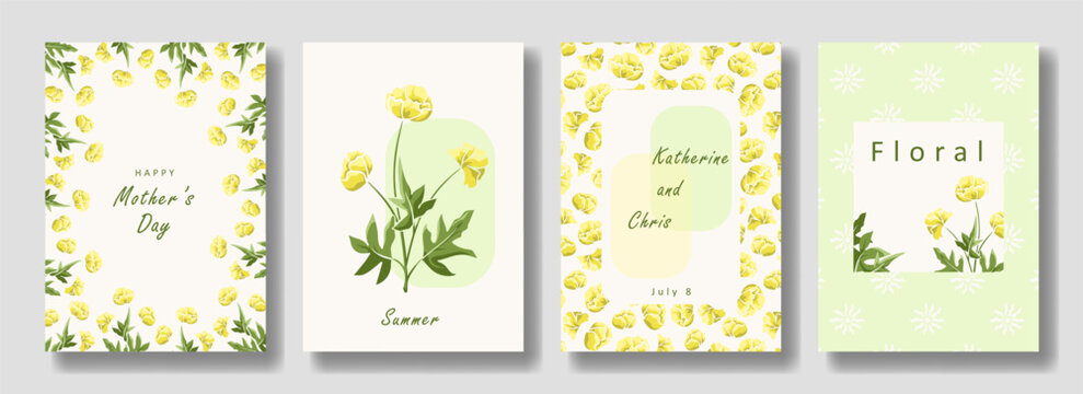 Set of vertical greeting card with bright yellow flowers or wildflowers, trollius or buttercups and green leaves. Hand drawing summer floral design. Vector template for cover, poster, invitation.
