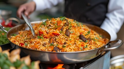 A chef actively stirring a large pan of vegetable biryani, emphasizing the culinary process and the vibrant ingredients used in this traditional dish.