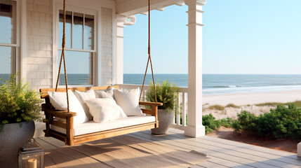 Wooden porch with a swing chair and pillows on the front porch of a beach house with a view of the ocean in the distance