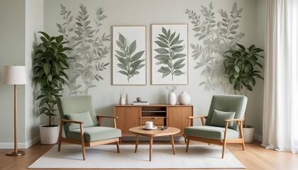 White apartment with green armchairs, table, lamp, leaf posters