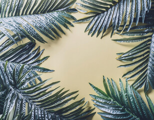 flat lay of green palm branches over pastel yellow background. Holiday, summer concept. Space for your text or design.	