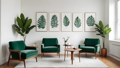 White apartment with green armchairs, table, lamp, leaf posters