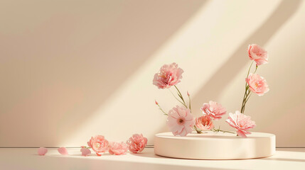 An elegant circular stand surrounded by pink-colored pink flowers on an off-white background with soft lighting