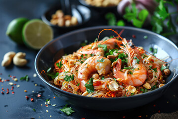 Pad thai, Stir fry noodles with shrimp, vegetables, garnished with lime and peanuts, traditional thai food. Food and cuisine concept for poster or menu restaurant, Banner website, Ads. Generative AI