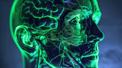 A three-dimensional X-ray view of the human brain, providing a -degree perspective of the cerebral hemispheres and deeper structures, rendered to highlight the complex neural network