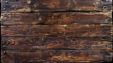 Naklejka premium A detailed top view of a rough, brown wooden plank surface with deep grooves and a natural, worn look, ideal for a vintage background