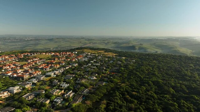 Aerial view of historic medieval town with stone buildings in uMhlanga, KwaZulu Natal, South Africa.