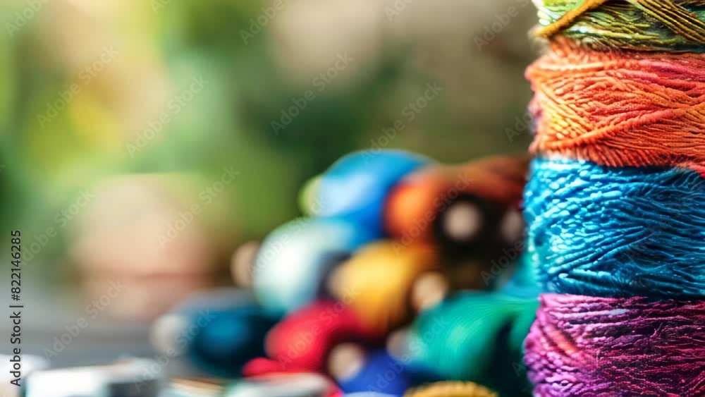 Poster colorful spools of thread in sharp focus with blurred background