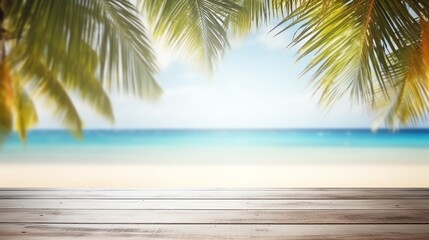 Obraz premium Tropical beach with wooden deck and palm leaves, azure sea and sky, ideal for vacation and travel concepts.