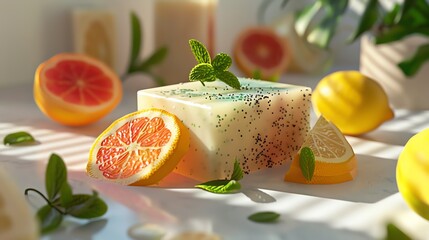 A 3D render of a citrus and mint exfoliating soap bar