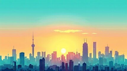 city skyline, flat, simple, vector, midday light