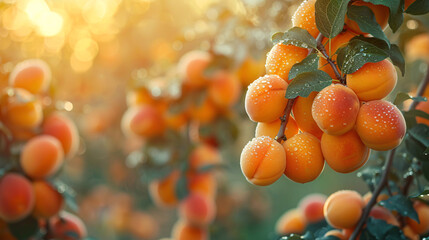 A closeup of ripe apricots hanging from the branches