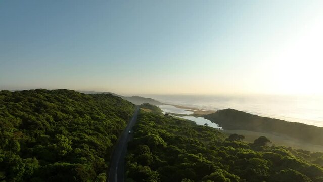 Aerial view of serene coastline with lush forest, sandy beach, and crystal blue ocean, uMhlanga, KwaZulu Natal, South Africa.