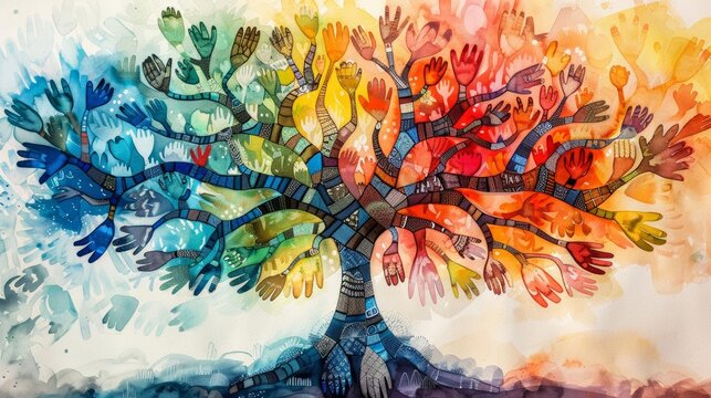 Colorful tree with branches of mosaic human hands, symbolizing the beauty of diversity and unity