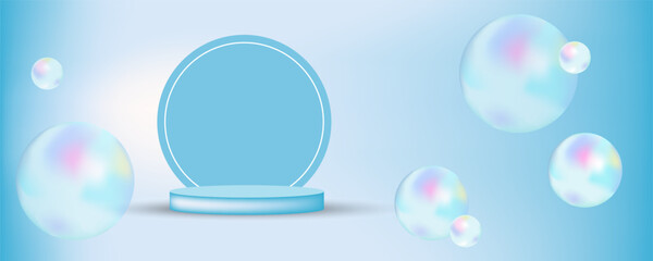 Blue background with podium for subject or inscription and soap bubbles. Vector illustration. Gradient blurred background with copy space with glow effect. Product presentation podium or platform.