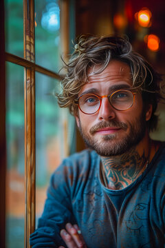 Portrait d'un jeune homme avec des lunettes et tatouage dans le cou