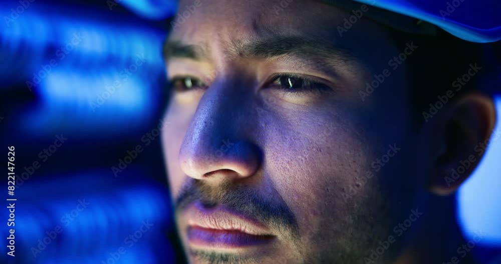 Aufkleber Man, server room and cables for hardware with technology in night with helmet and face. Cybersecurity system, it network and person for fiber internet, data center or technician for problem solving