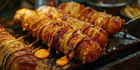 corn dogs on sticks with chicken and bacon wrapped in praline cheddar cheese drizzled with marmite sauce, generative AI