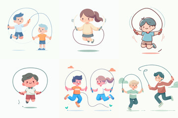 Happy children jump rope flat icons set. Leisure time for boys and girls. Sport and outdoor activity.