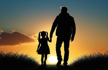 Cartoon Illustration Silhouettes of a little daughter and father holding hands at sunset, walking in a field, in nature, the concept of love and care, a happy family, Father's Day